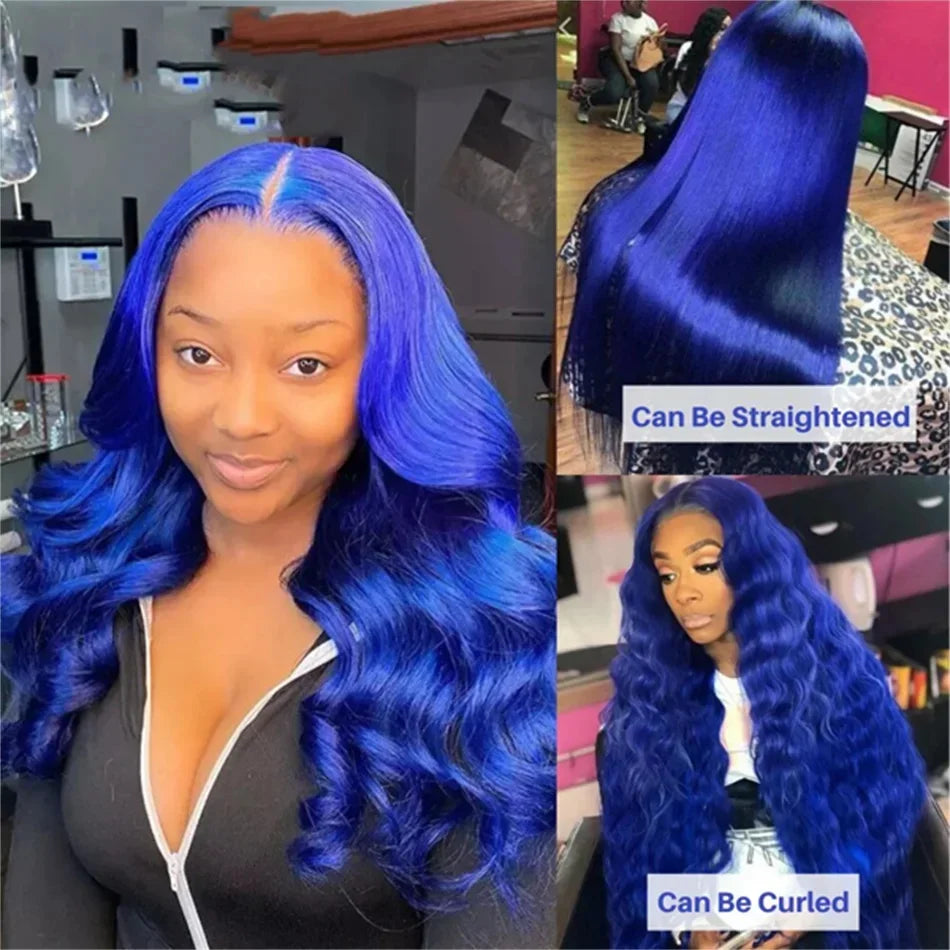**Navy Blue 13x4 Lace Front Body Wave Human Hair Wigs / Brazilian Blue Colored / Transparent Lace Front Wigs For Women / Pre Plucked