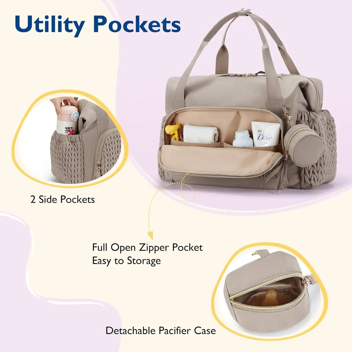 Diaper Bag Tote / Waterproof / Hospital Bag for Labor & Delivery / Newborn Bag with zippered Pacifier Case / Travel Diaper Tote / Lots of Pockets (Inside and Outside), one Insulated plus a Pacifier zip pouch also !