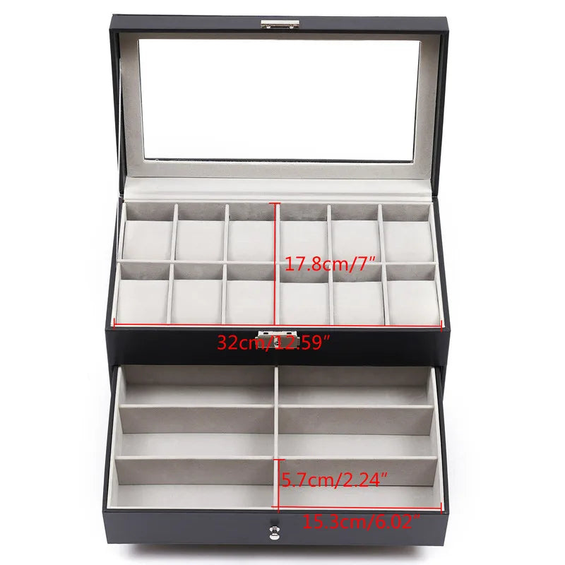3-Layer Black Leather Jewelry Box /  Metal Key Lock / Storage  Organizer for Jewelry, Watches, Eyeglasses & Sunglasses / Box With Display Drawer / Metal Buckle Case / Organizer