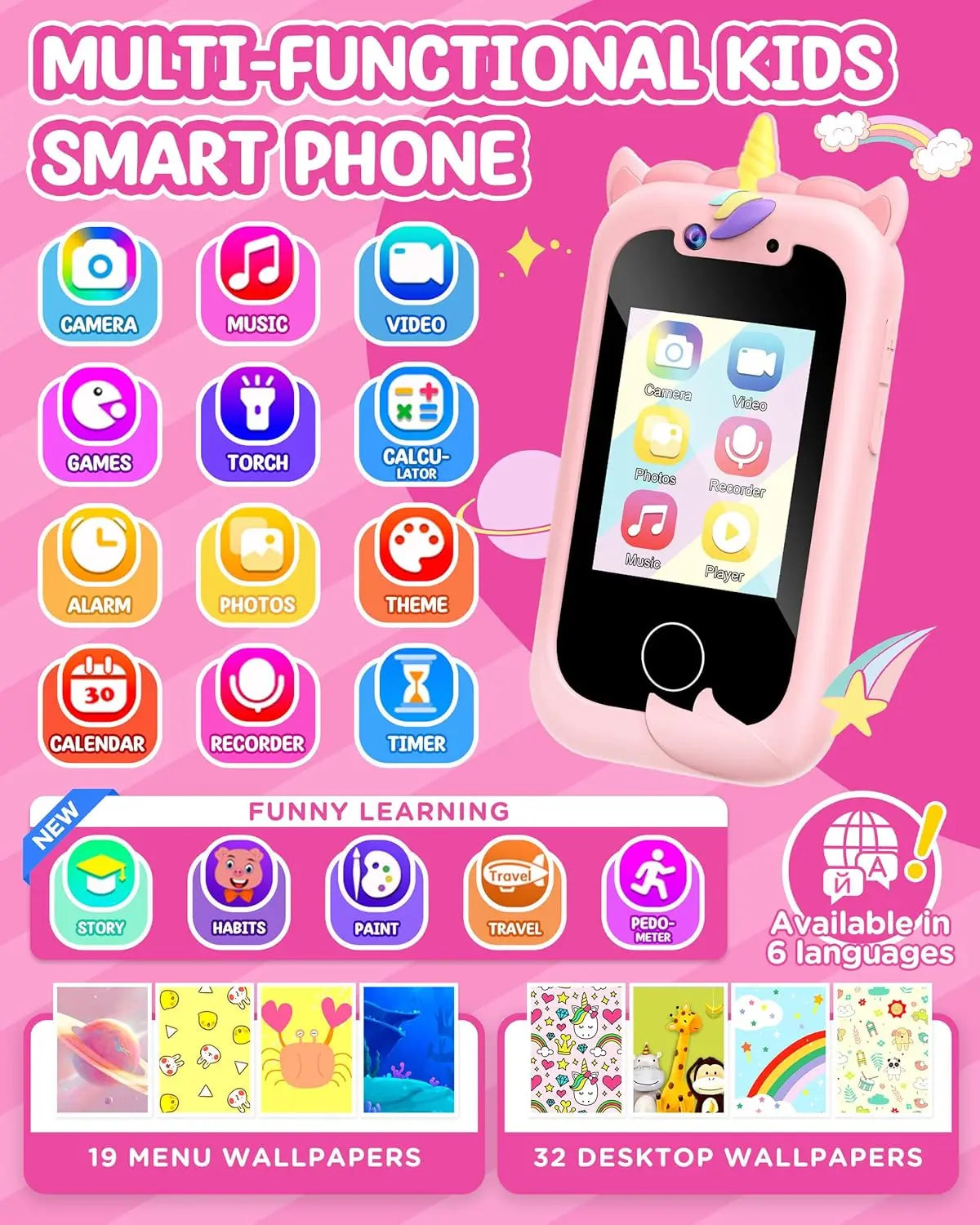Kids Smart Phone / Educational  / Girls / Gifts / Ages 2-10 / Camera / Recorder / Games / Toddler Toy / Learning Smart Phone