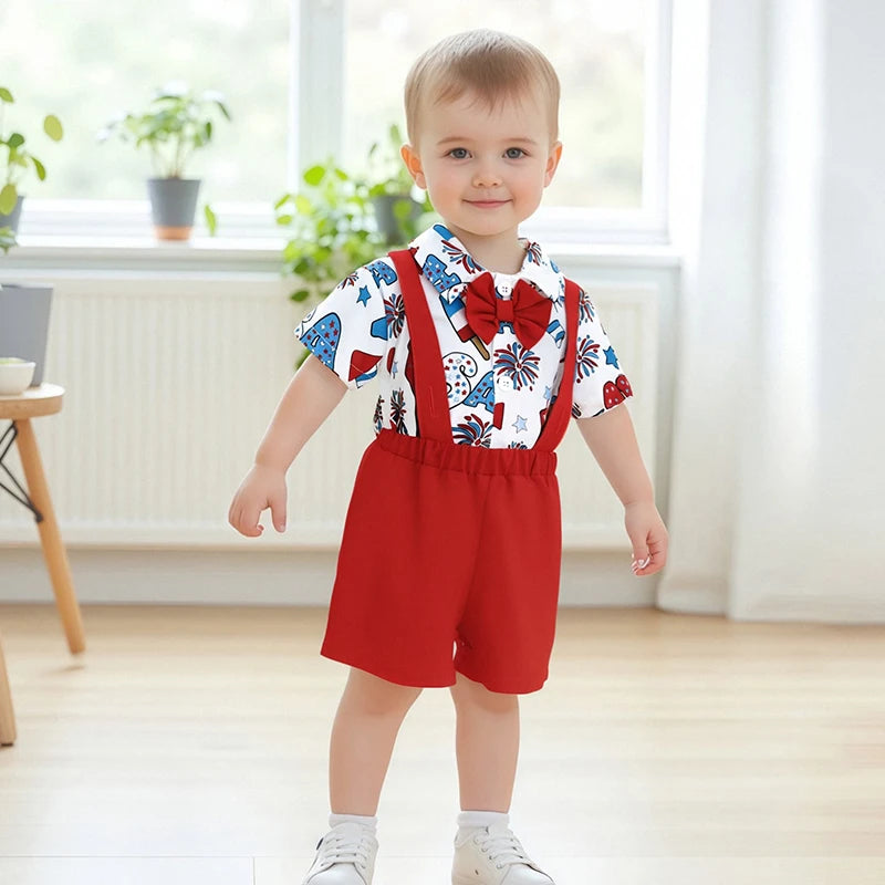 Infant-Toddler Boys / Independence Day   /  Short Sleeve Bowtie Romper & Suspender Shorts Set  /  Infant Clothing for 4th of July
