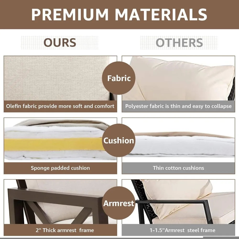 Rocking Bistro Set  /  7 Piece Outdoor Patio Conversation Furniture Set with 2 Rockers and 1 Metal Coffee Table with Thick Comfortable Cushions