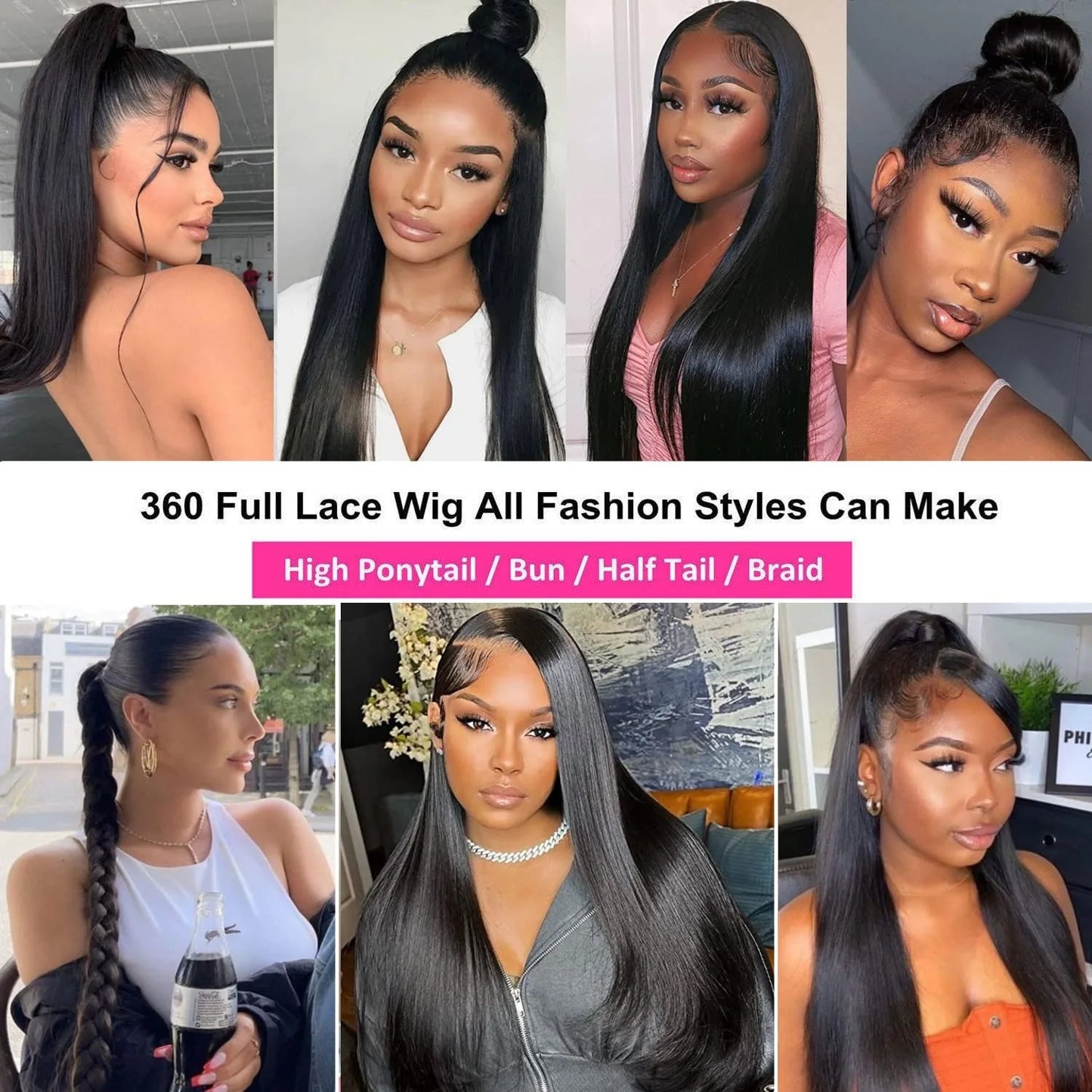 Invisi-Strap 360 Glueless Full Lace Front Wigs / Human Hair / HD Straight / 13x4 Lace Frontal Wig / Pre=Plucked Drawstring Wig for Women