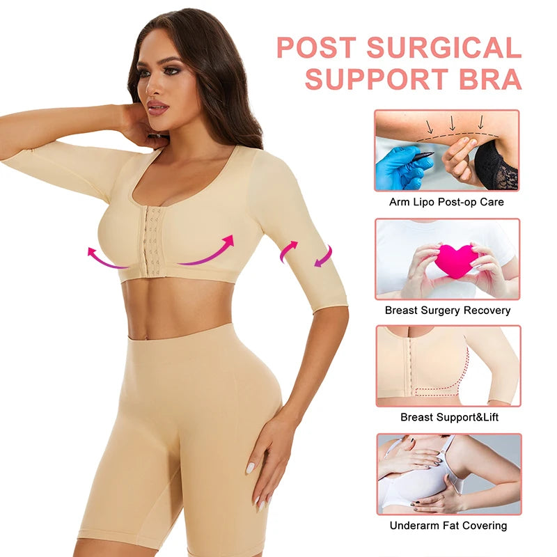 **Upper Arm Shaper Sleeve Compression Top / Women / Push Up Breast / Post Surgery / Front Closure Bra Shapewear / Back Support Cropped Tops