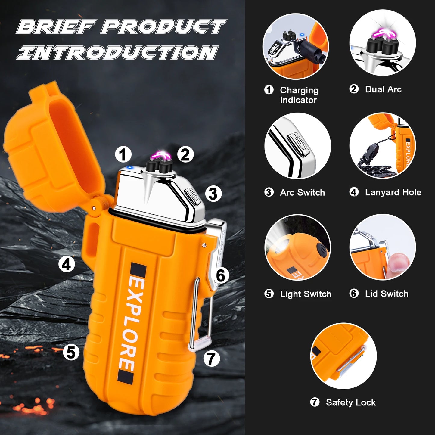 Waterproof Electric Lighter /  Windproof  / Dual Arc  /  USB Rechargeable  /  Flameless Plasma Lighters  /  Camping  / Hiking  / Survival  / Tactical