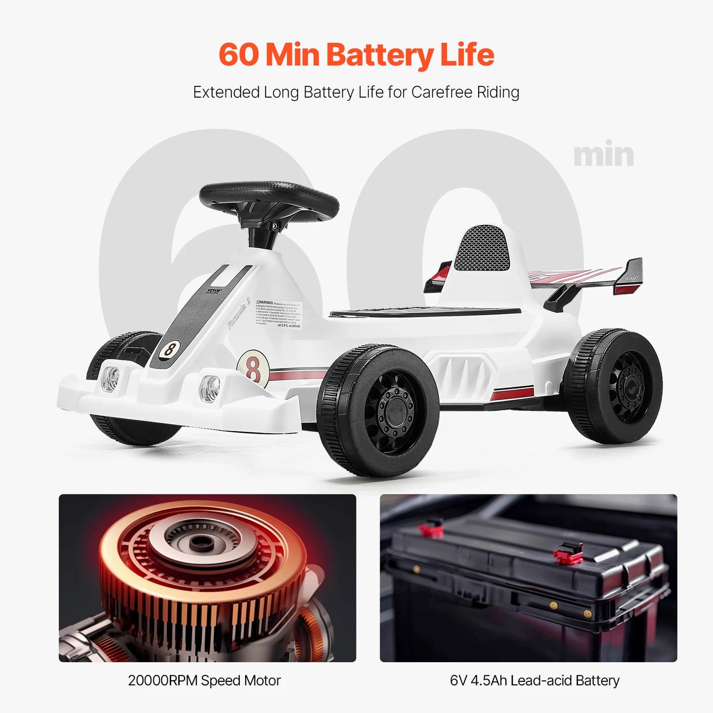 6V 4.5Ah Electric Pedal Go Kart  /  Portable  /  Outdoor Racing Toys  /  20000 RPM Motor with LED Headlight & Horn  /  Kids  /  Boys /  Girls  /  Gifts