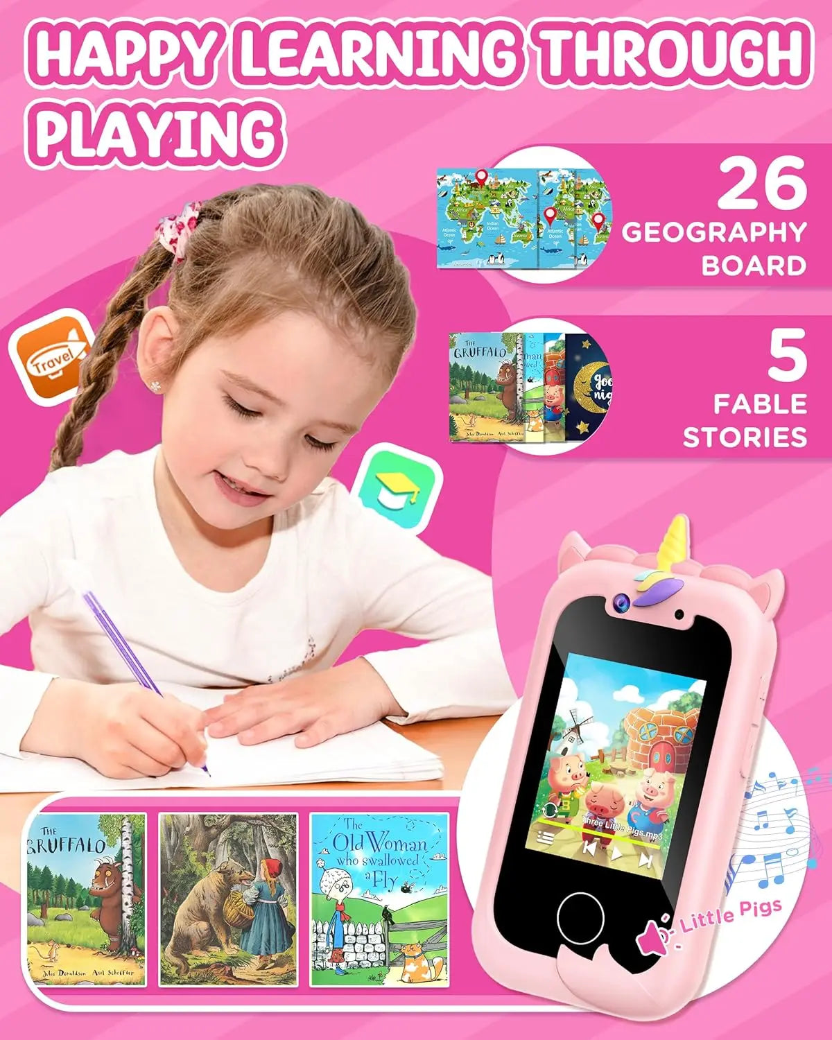 Kids Smart Phone / Educational  / Girls / Gifts / Ages 2-10 / Camera / Recorder / Games / Toddler Toy / Learning Smart Phone