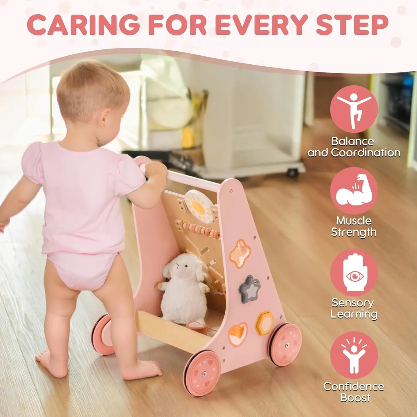 Wooden Baby Walker with Wheels / Montessori Push Toy for Babies Learning to Walk / Baby Walker Activity Center