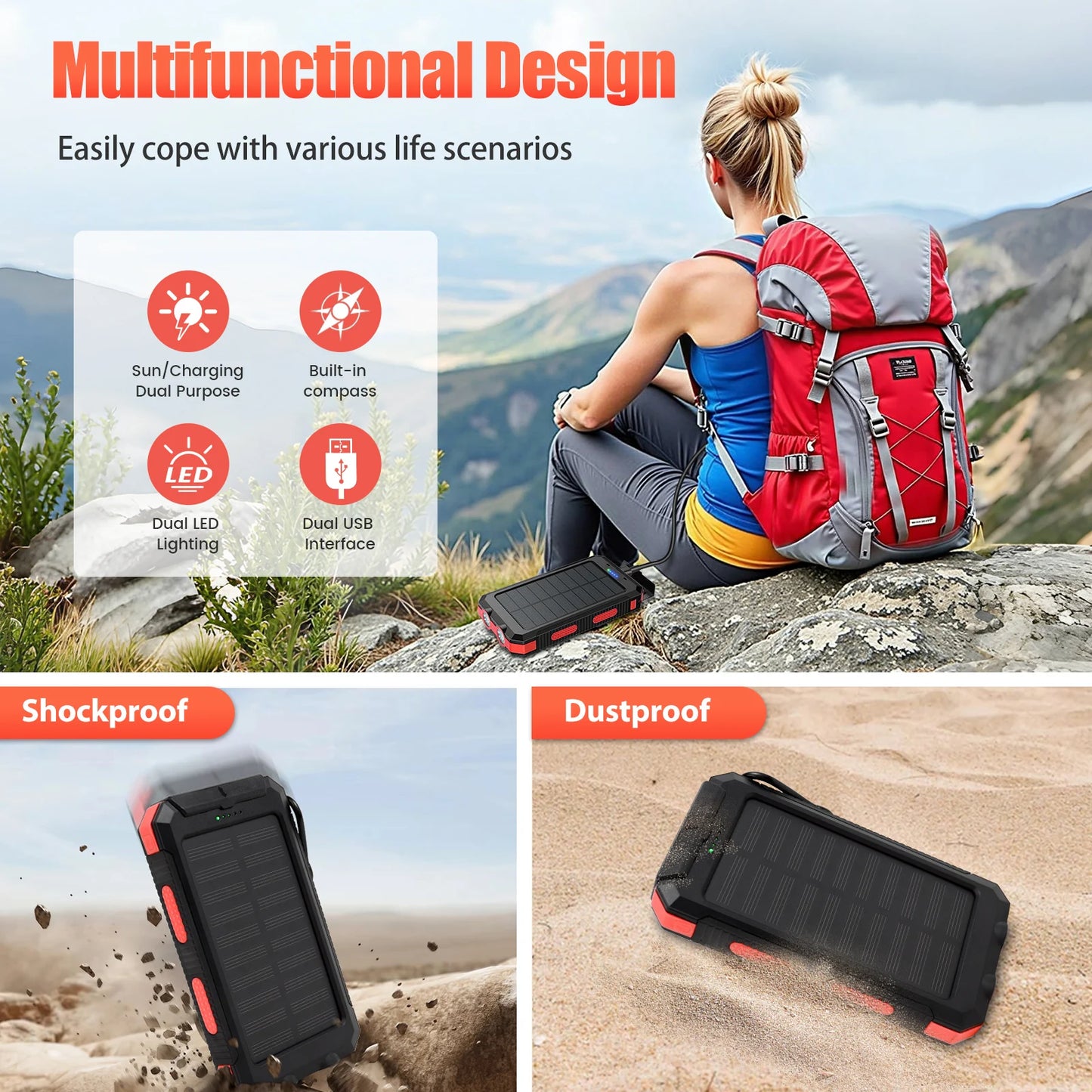 CM***10000mAh Solar Power Bank / Portable / Waterproof / Outdoor Dual 5V 1A USB Ports / Fast Charging LED Flashlight for iPhone Tablets