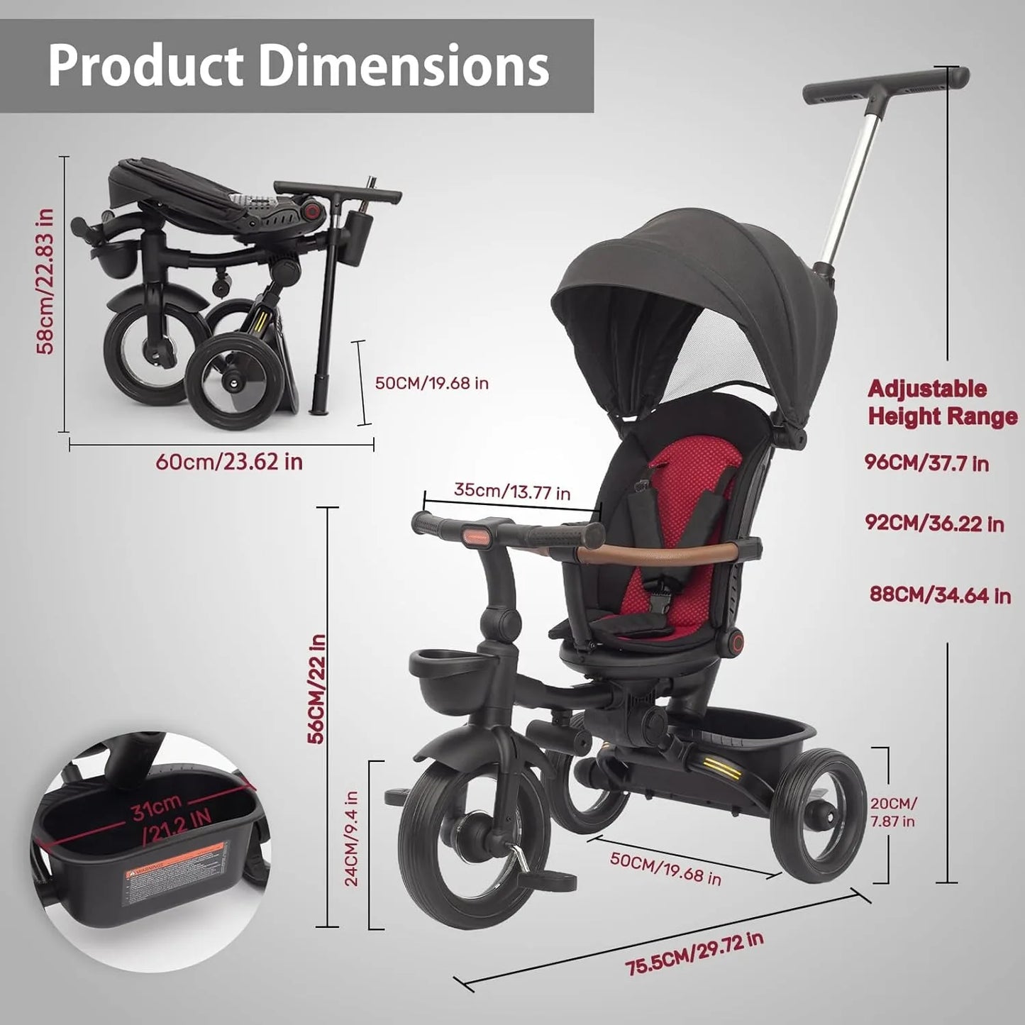 Baby Stroller-Tricycle /  7 in 1 Foldable Stroller-Trike for Kids  / Age 6M+ to 6 Years / Headlights / 1-Step Brake / Folding Pedal / Rotating, Reclining  Seat / Extended Removable Canopy