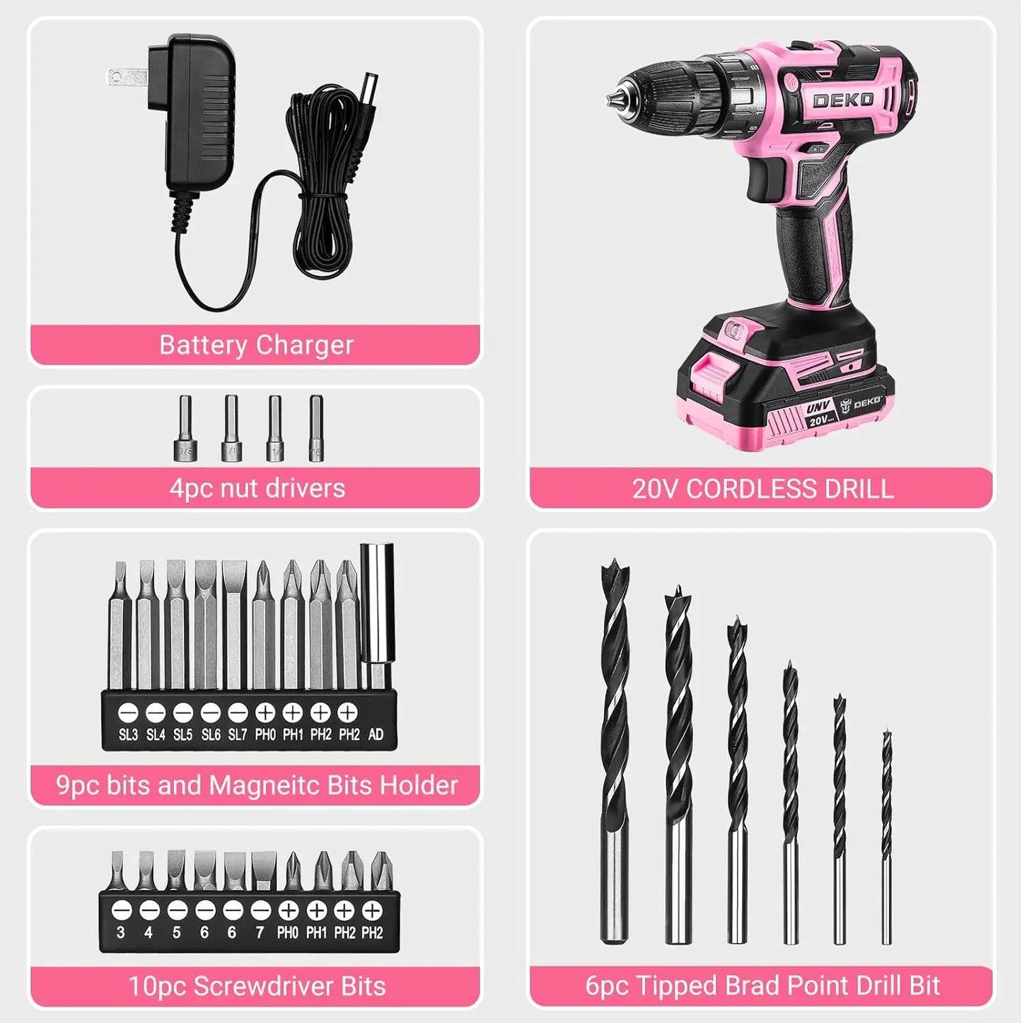 Power Drill Cordless: DEKO Pink Cordless Drill / 20V Electric Power Drill Set / Tool for Women