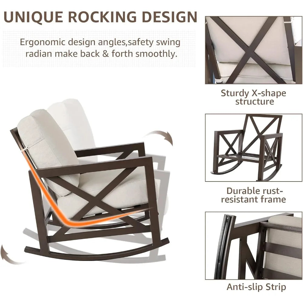 Rocking Bistro Set  /  7 Piece Outdoor Patio Conversation Furniture Set with 2 Rockers and 1 Metal Coffee Table with Thick Comfortable Cushions
