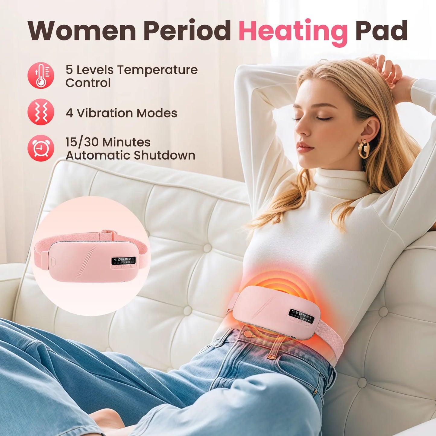 **5 Modes Electric Heat Vibration Waist Massage Belt / Smart Warm Palace / Women / Menstrual Heating Pad for Cramps Period Relief