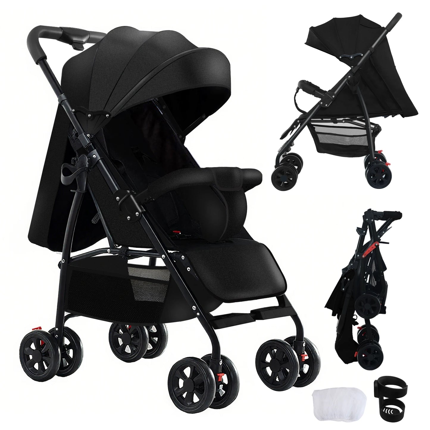 2 in 1 Baby Stroller  / Lightweight / Foldable  /  5-Point Safety Seat Belt / Reclines fully / Shock Absorbers / One Hand Fold-Up /  Basket & Zipper Pockets /  Use Winter &  Summer  /  Travel /  Canopy