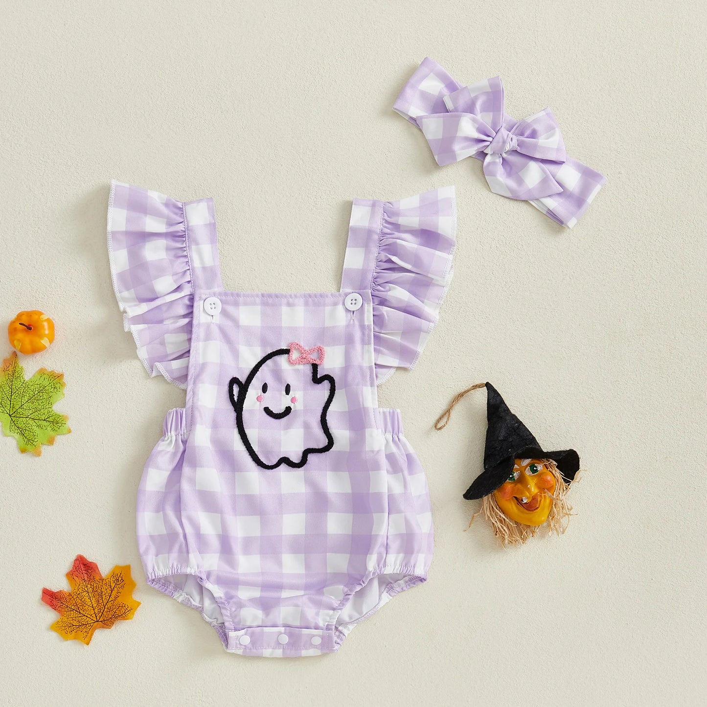 Adorable Infant Halloween Costume Set  /  Pumpkin Applique  /  Romper and Matching Headband  /  Baby Girls Newborn - 12 months