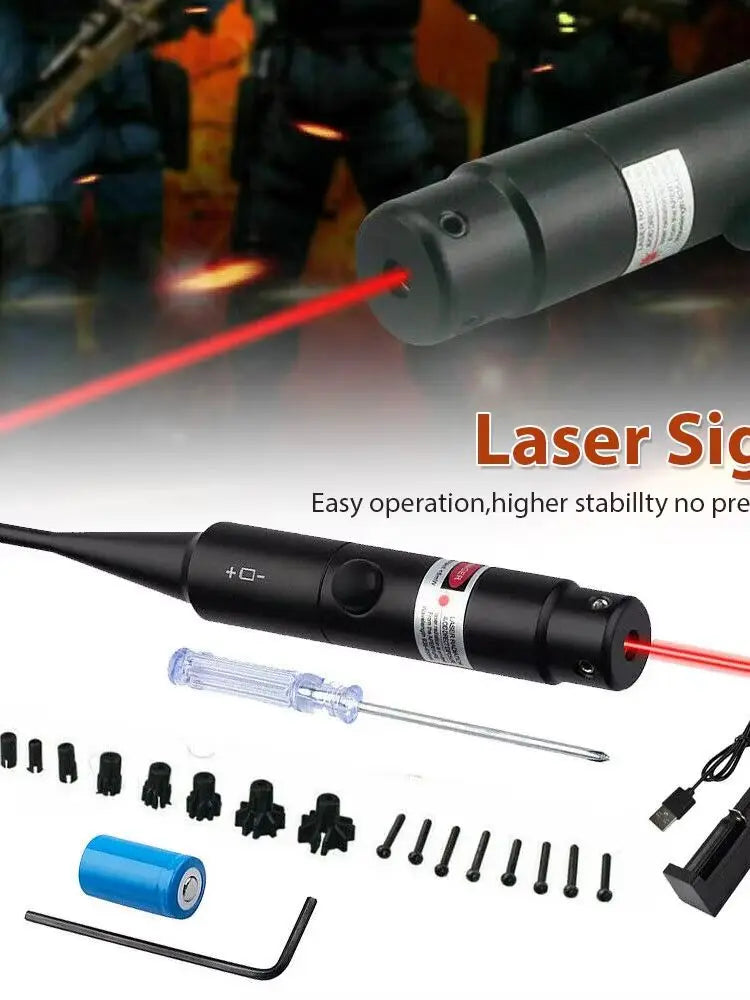 Red Laser Bore Sight Kit  /  For.17 To 12GA Caliber Rifles & Pistols  /  With Big Button Switch /  16 Adapters And Arbors Included /  Adjustable