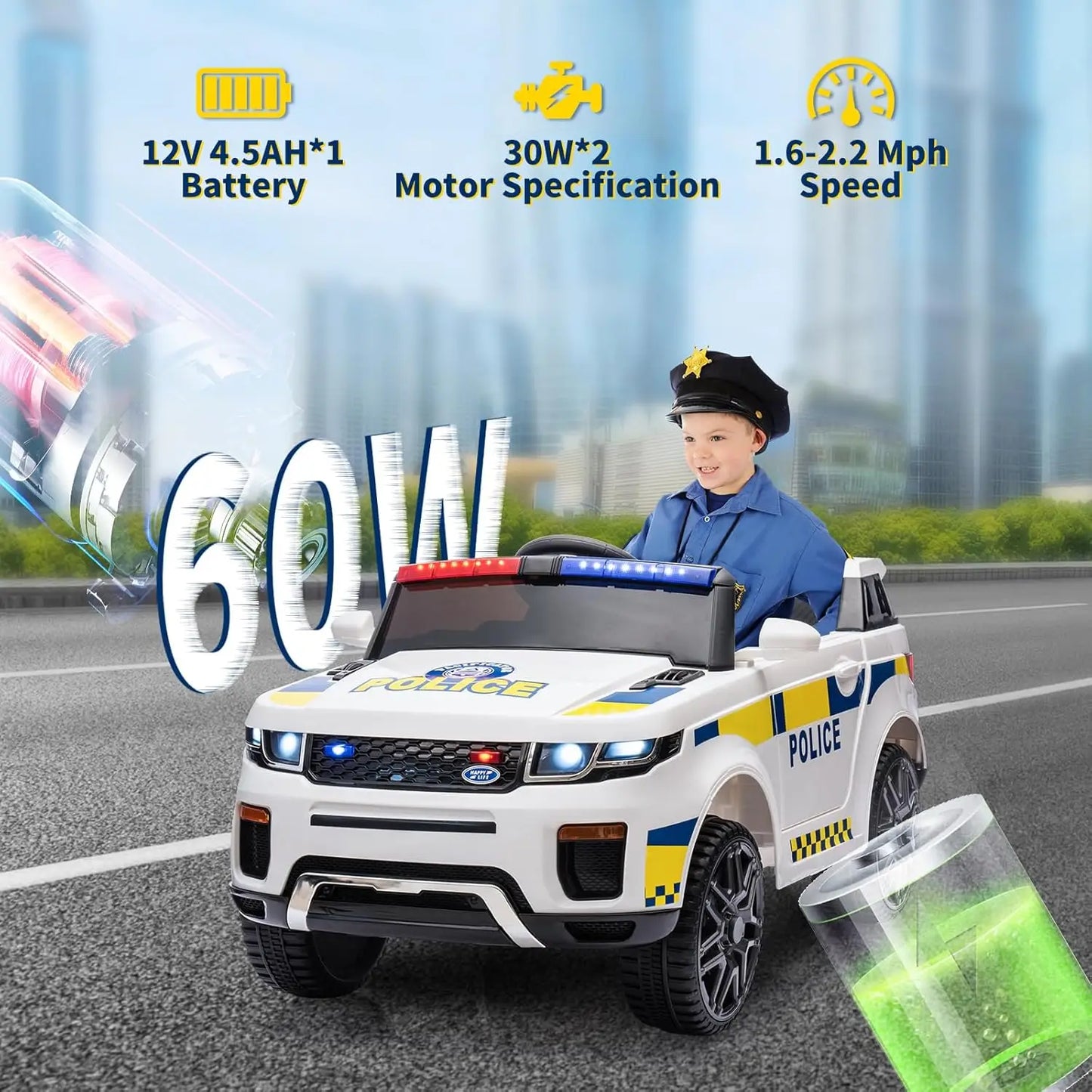 12V Kids Ride On Police SUV  / Toddlers Electric Car /  Battery Operated Ride On Toy with 2.4G Remote Control /  Siren, Flashing Lights, Megaphone, USB Port