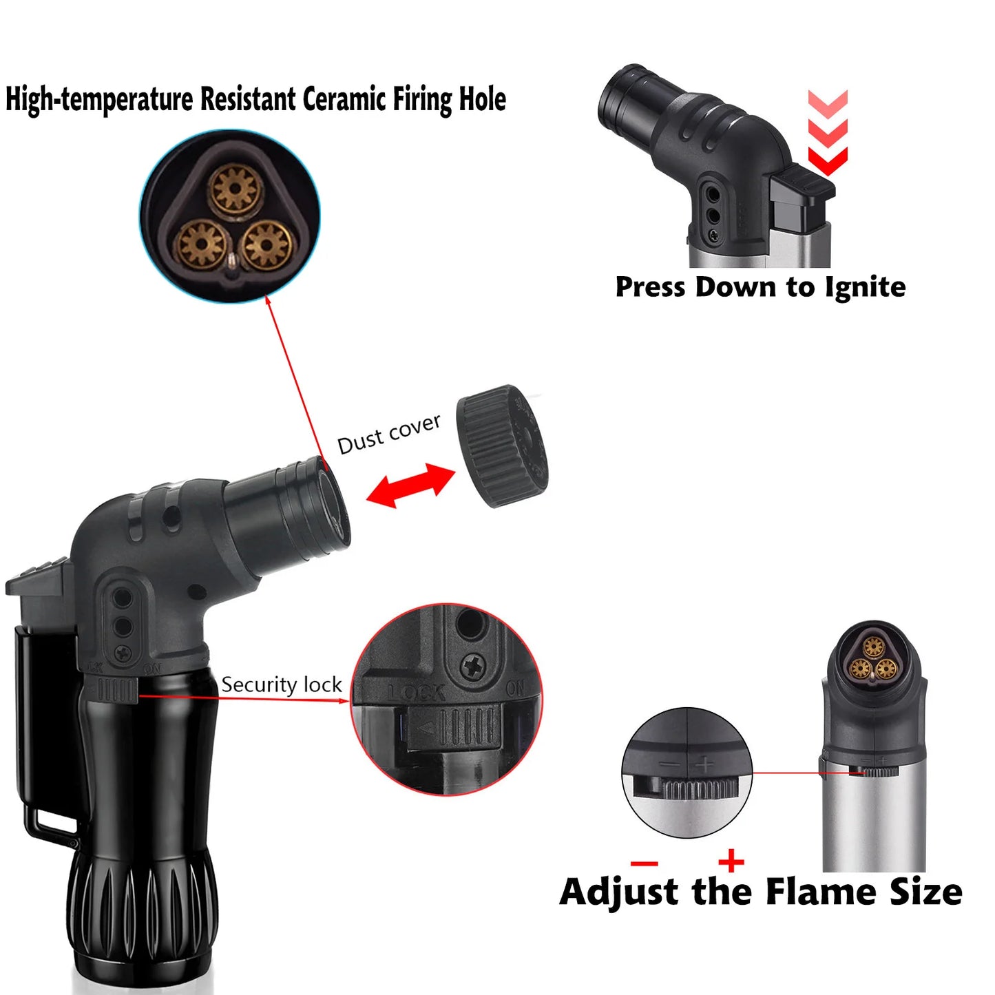 4pcs  Set Triple Jet Flame Torch Lighter  /  Bend Head Design /  Refillable Butane Gas Jet  /  3 Flame Windproof  /  Without Butane