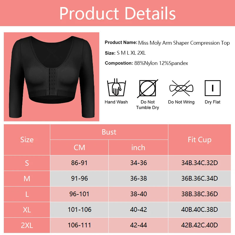 **Upper Arm Shaper Sleeve Compression Top / Women / Push Up Breast / Post Surgery / Front Closure Bra Shapewear / Back Support Cropped Tops