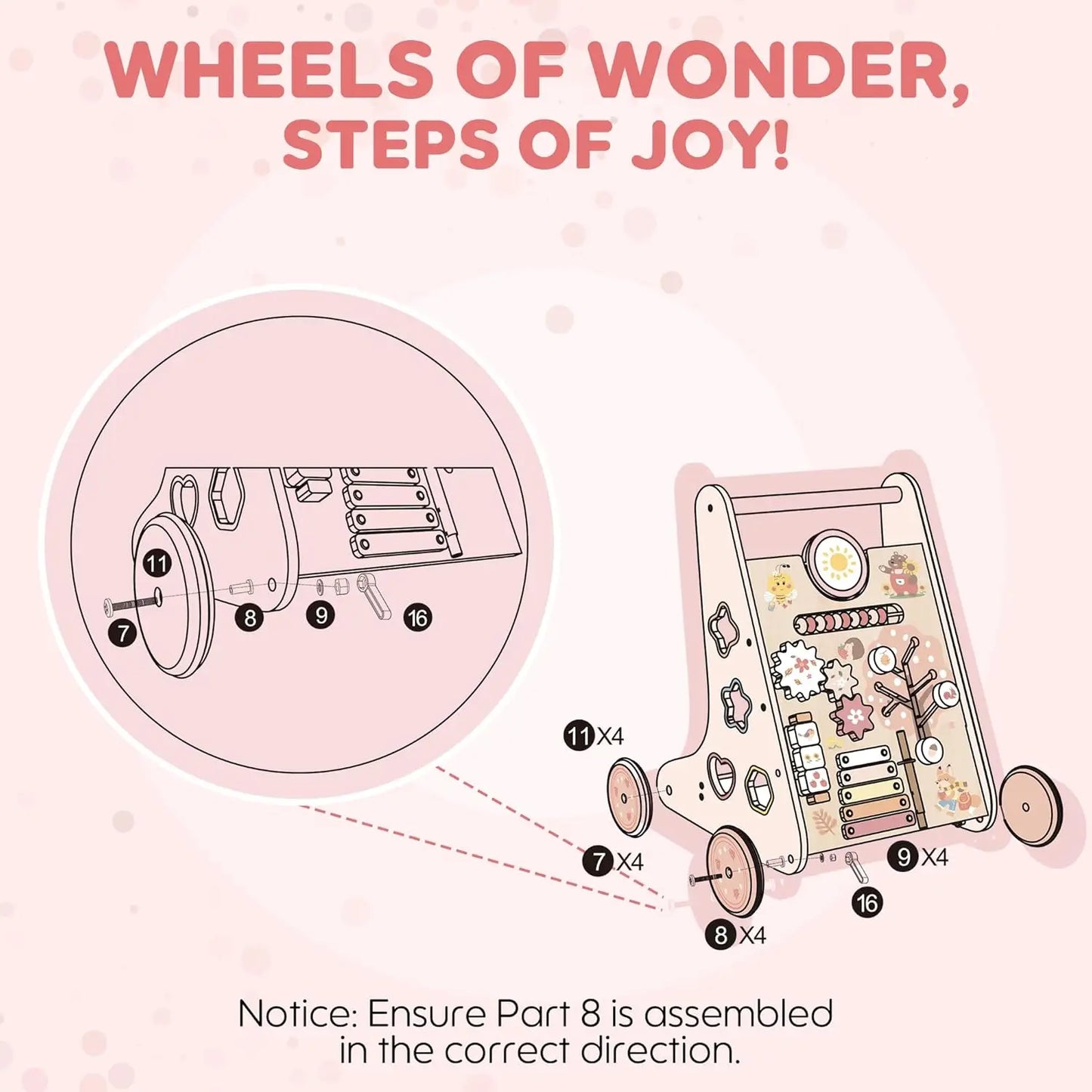 Wooden Baby Walker with Wheels / Montessori Push Toy for Babies Learning to Walk / Baby Walker Activity Center