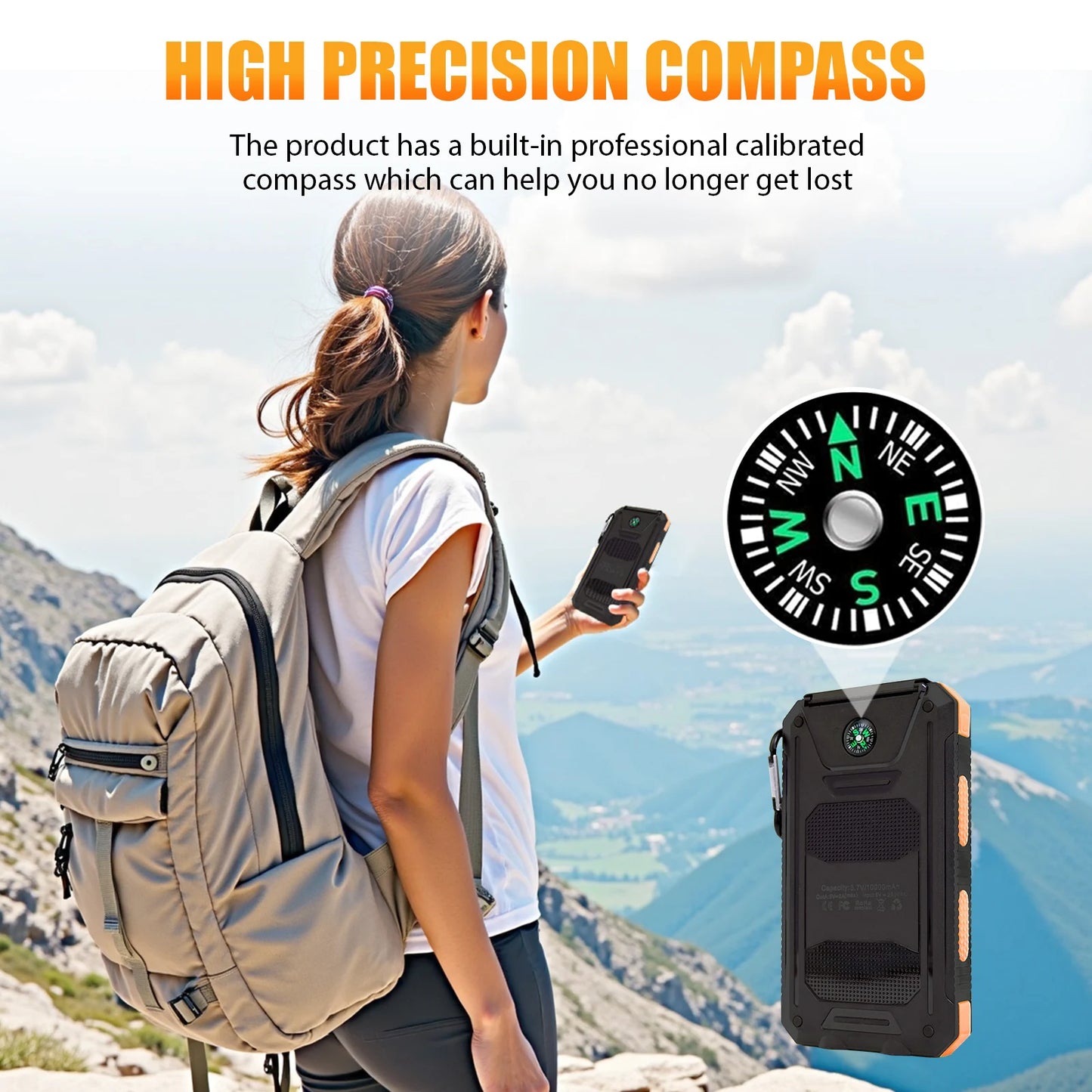 CM***10000mAh Solar Power Bank / Portable / Waterproof / Outdoor Dual 5V 1A USB Ports / Fast Charging LED Flashlight for iPhone Tablets