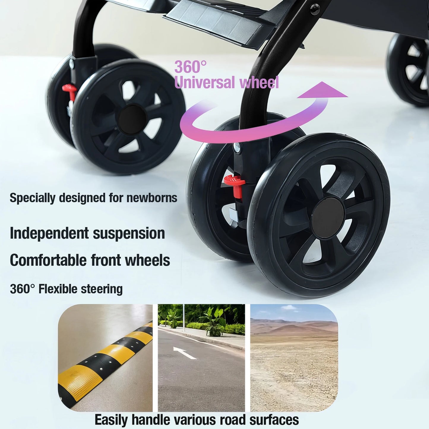 2 in 1 Baby Stroller  / Lightweight / Foldable  /  5-Point Safety Seat Belt / Reclines fully / Shock Absorbers / One Hand Fold-Up /  Basket & Zipper Pockets /  Use Winter &  Summer  /  Travel /  Canopy