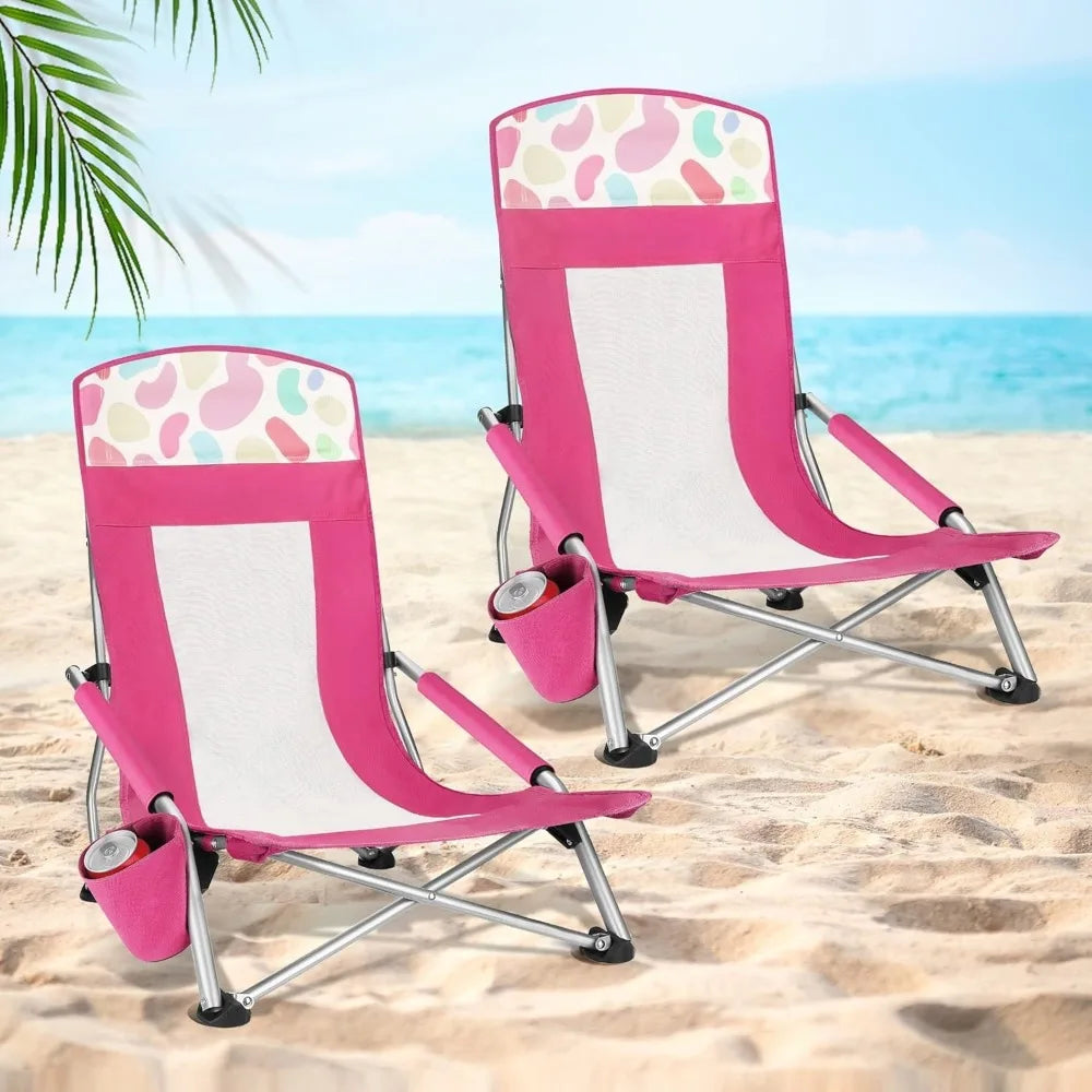 2-Pack High Back Beach Chairs   /  Lightweight Low Seat Camping Chairs with Cup Holder  /  Padded Armrest for Outdoor Beach Camping
