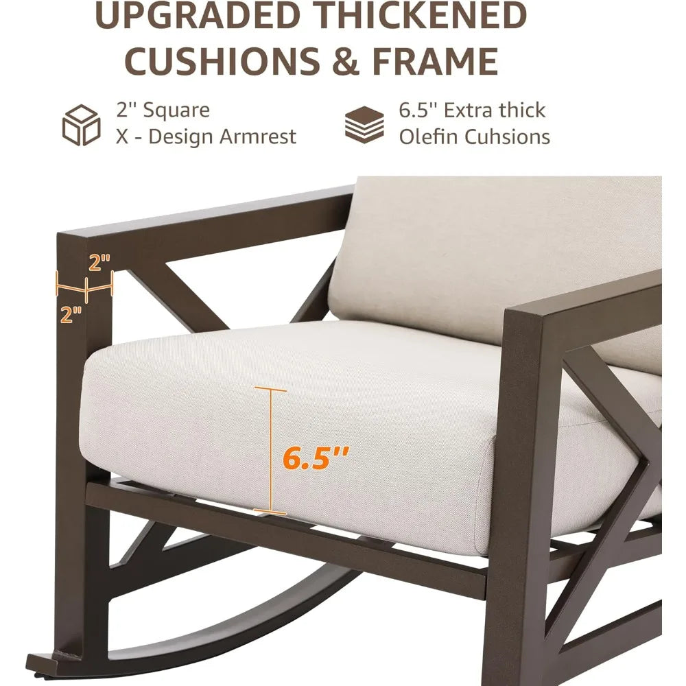 Rocking Bistro Set  /  7 Piece Outdoor Patio Conversation Furniture Set with 2 Rockers and 1 Metal Coffee Table with Thick Comfortable Cushions