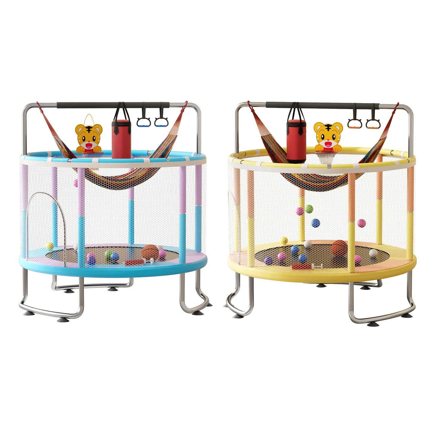 5FT Kids Trampoline, Adjustable Baby Toddler Trampoline with Basketball Hoop, Swing, Sandbag, Ocean Balls