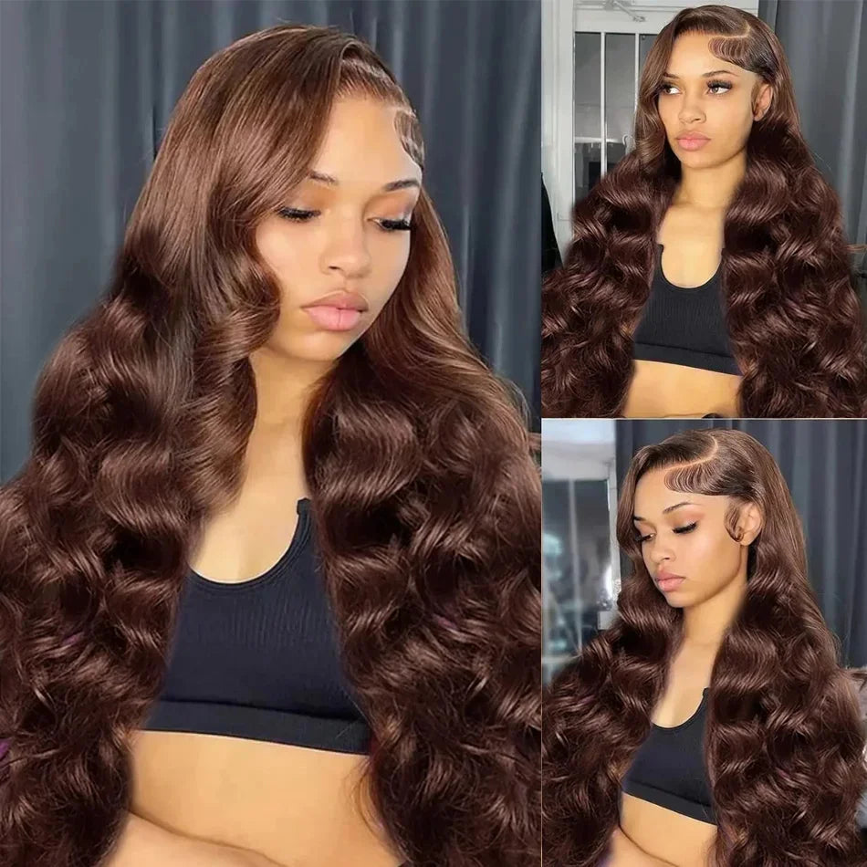 **30 Inch Chocolate Brown Body Wave 13x4 HD Lace Front Human Hair Wig / Pre Plucked Brown Transparent Lace Frontal Wigs For Women