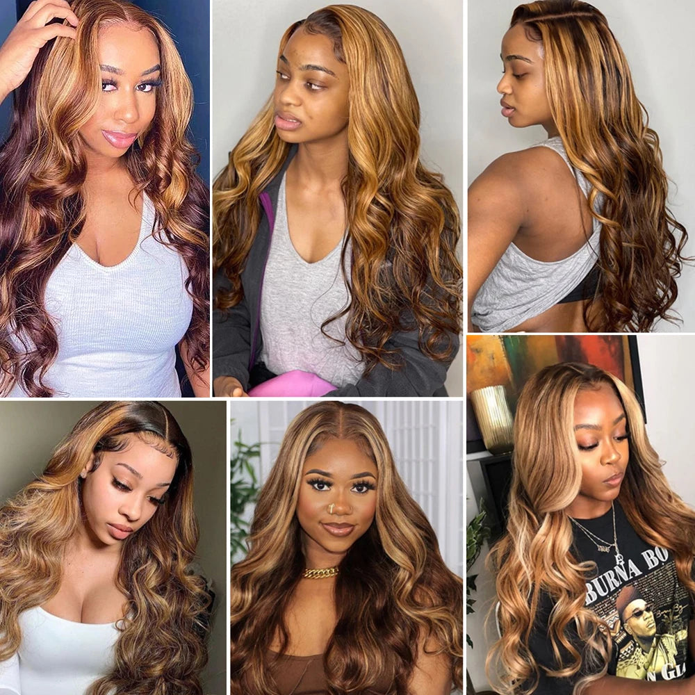**Highlight Body Wave Wig / Brazilian Human Hair Wigs For Black Women / 13x4 Honey Blonde Lace Front Wig / 13x6 HD Lace Frontal Wig