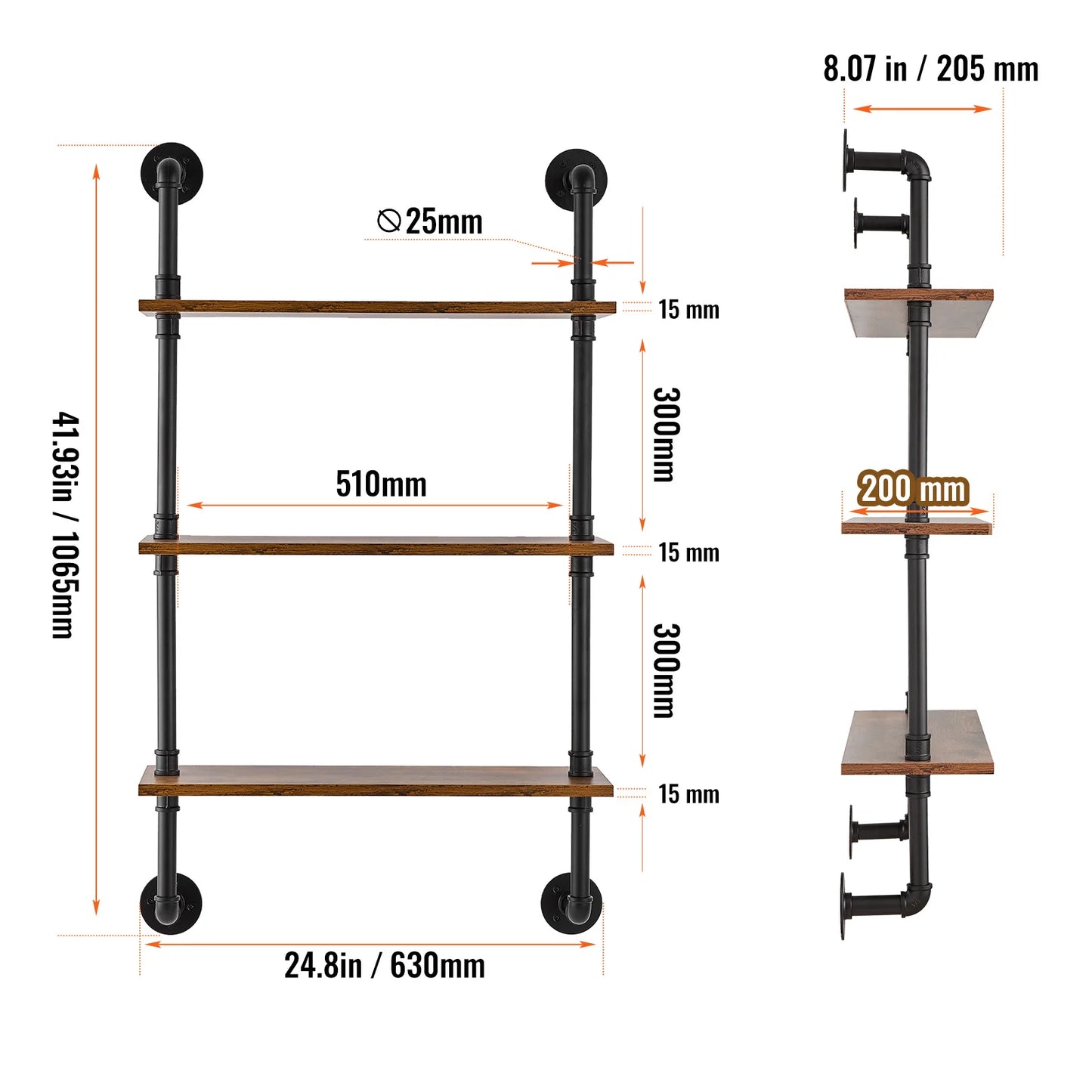 **Industrial Pipe Shelf / Wall-Mount Floating / Rustic Wood Shelves / Bracket Storage Rack for Kitchen Bedroom