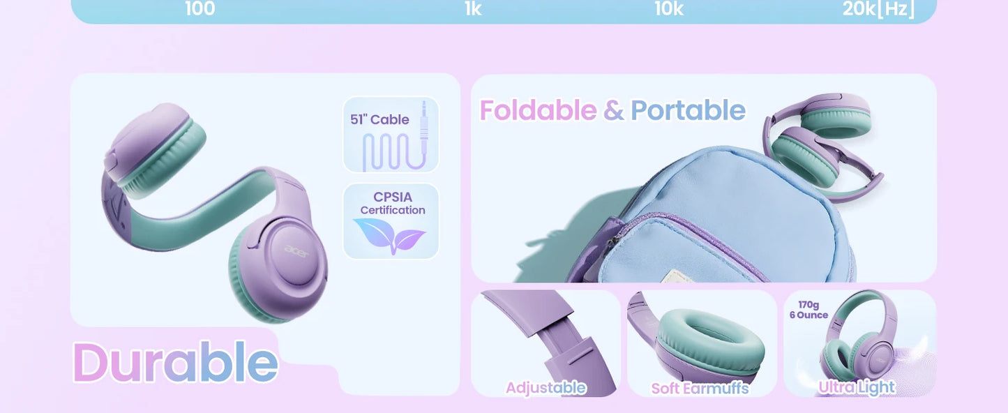 Kids Headphones Wired for School /  85/94dB Volume Limiter /  Foldable Stereo Sound Headset /  for Kids Learning, Tablet,  IPad,  PC