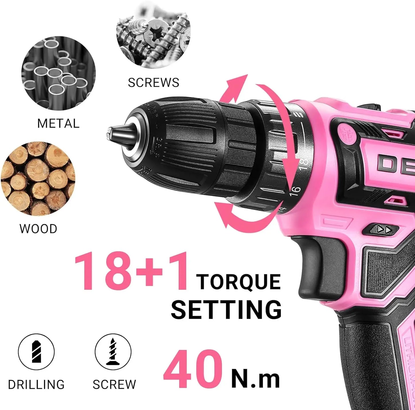 Power Drill Cordless: DEKO Pink Cordless Drill / 20V Electric Power Drill Set / Tool for Women