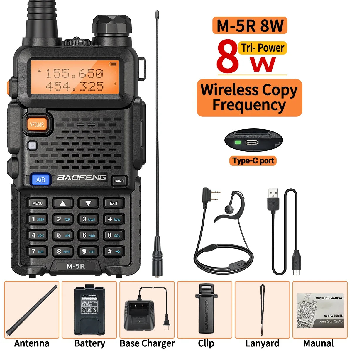 8W Walkie Talkie Multi Band w/Flashlight / Type-C / Wireless / Copy Frequency AM / Long Range For UV-5R / Two Way Radio