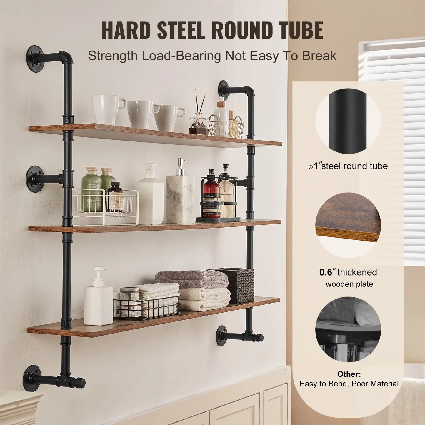**Industrial Pipe Shelf / Wall-Mount Floating / Rustic Wood Shelves / Bracket Storage Rack for Kitchen Bedroom