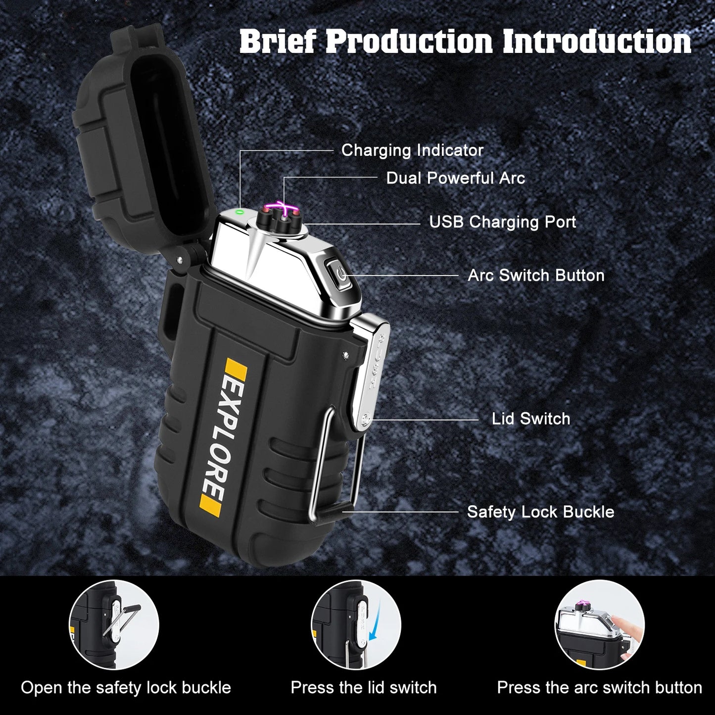 Waterproof Electric Lighter /  Windproof  / Dual Arc  /  USB Rechargeable  /  Flameless Plasma Lighters  /  Camping  / Hiking  / Survival  / Tactical