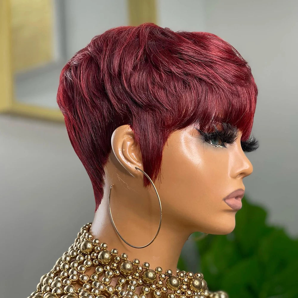 Short Pixie Cut Wig  /  Human Hair /  For Black Women /  Machine Made Wigs With Bangs /  Colored Brazilian Wig /  Human Hair Wigs