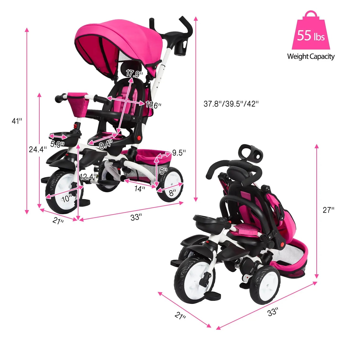 Foldable Tricycle - Stroller /  7-in-1 Toddler Tricycle Stroller / 1-6 Years  /  Baby Trike /  Safety Harness /  Adjustable