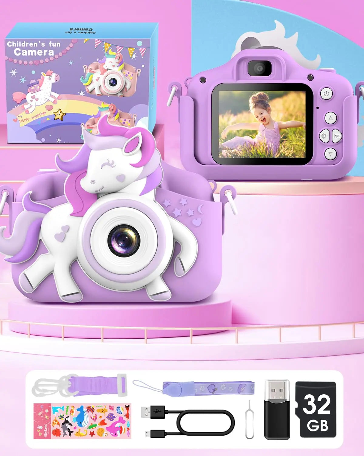 2.0" Kid's Camera 20MP 1080P HD  / Toddle Selfie Camera / Cute Cartoon Digital Camera Toy / 32GB Card  /  Rechargeable /  Gift For Girls & Boys