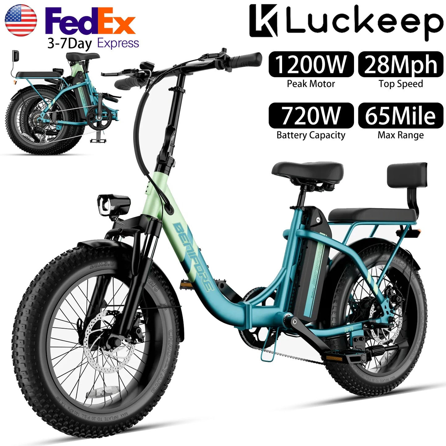 CM***C23 20"x3" Folding Electric Bike / Peak 1200W, 720Wh / Top 28 Mph, Max 65 Mile, Max Load 265Ibs / With Mini Sofa Back Seat