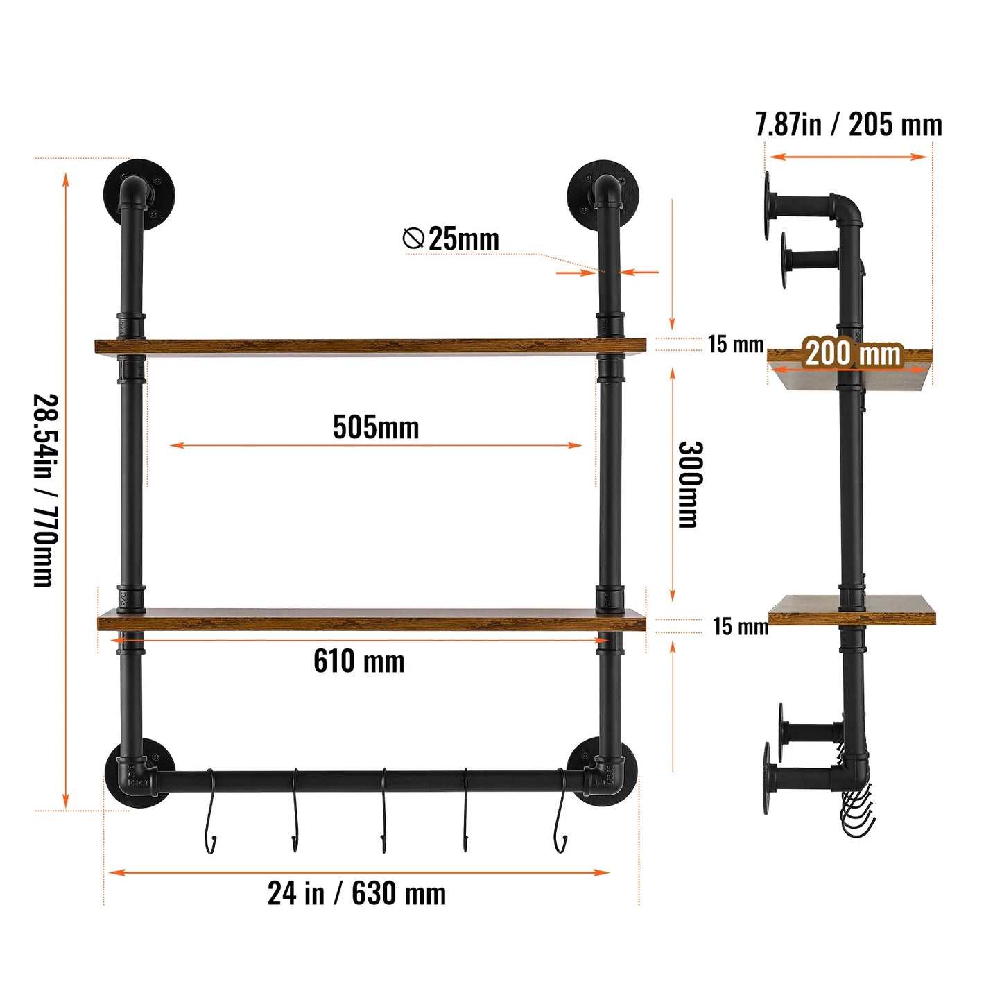**Industrial Pipe Shelf / Wall-Mount Floating / Rustic Wood Shelves / Bracket Storage Rack for Kitchen Bedroom