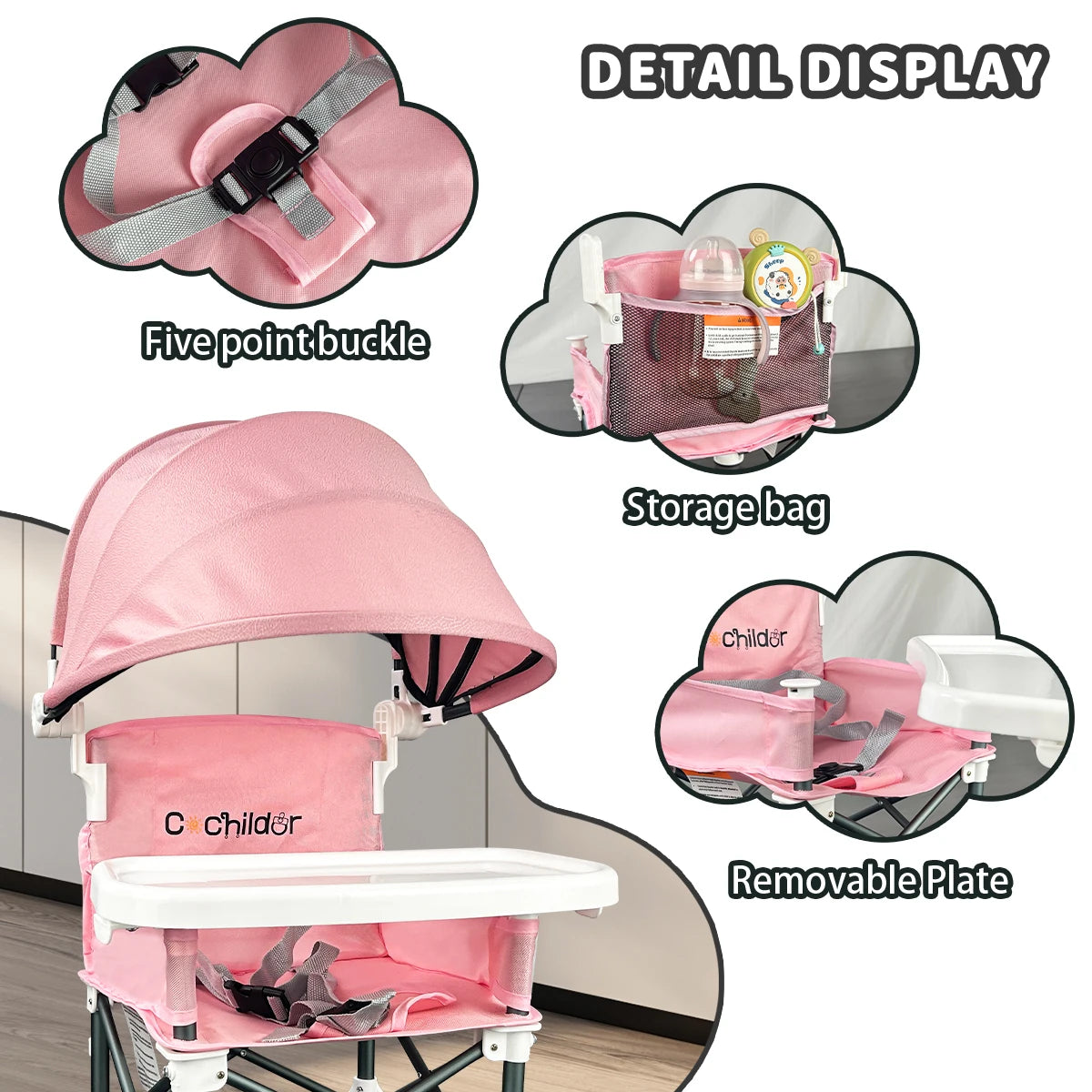 Booster Seat / Portable Child Dining Chair /  Removable Awning /  5-point Safety Belt / Foldable / Detachable Plates / Carrying Bag