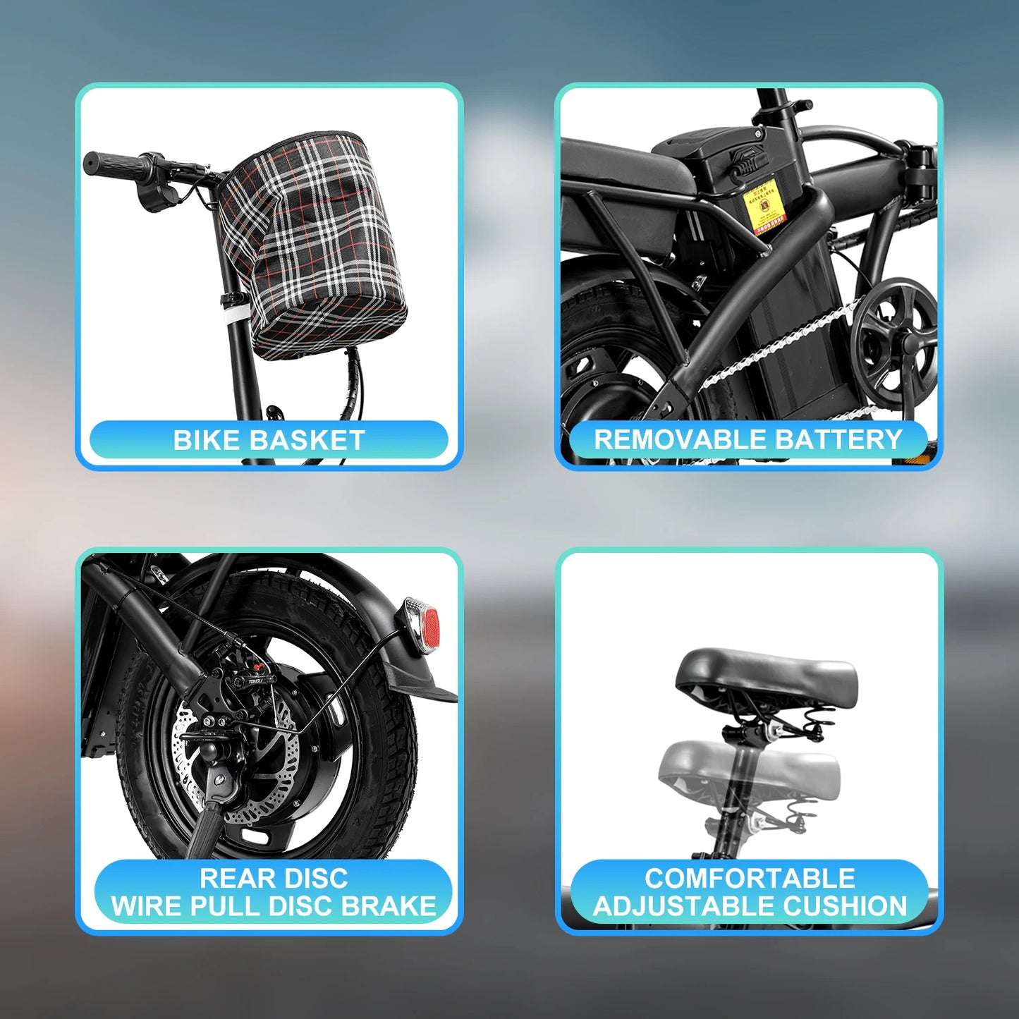 Electric Bike with Basket /  48V 400W Folding Ebike  /  4 inch Road Tire /  Carbon Steel /  Lightweight  /  Foldable  /  Adult /  Brushless