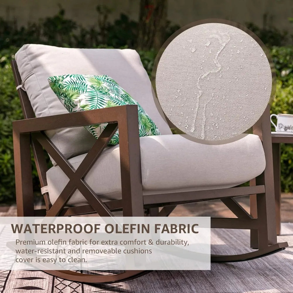 Rocking Bistro Set  /  7 Piece Outdoor Patio Conversation Furniture Set with 2 Rockers and 1 Metal Coffee Table with Thick Comfortable Cushions