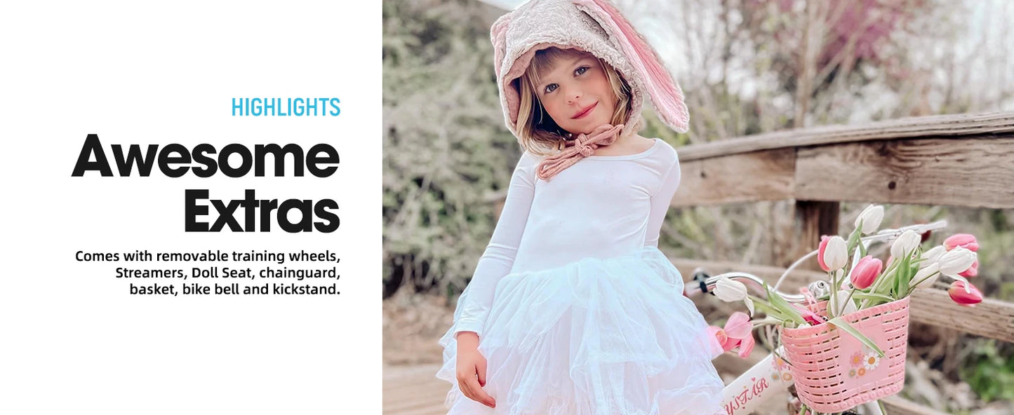 Kids Bike for Ages 2-7 Years /  Also Bikes with 12"  14"   16" Inch  Wheels / Girls Bikes with Doll Seat & Streamers  /  Boys Bike with Flag & Plate