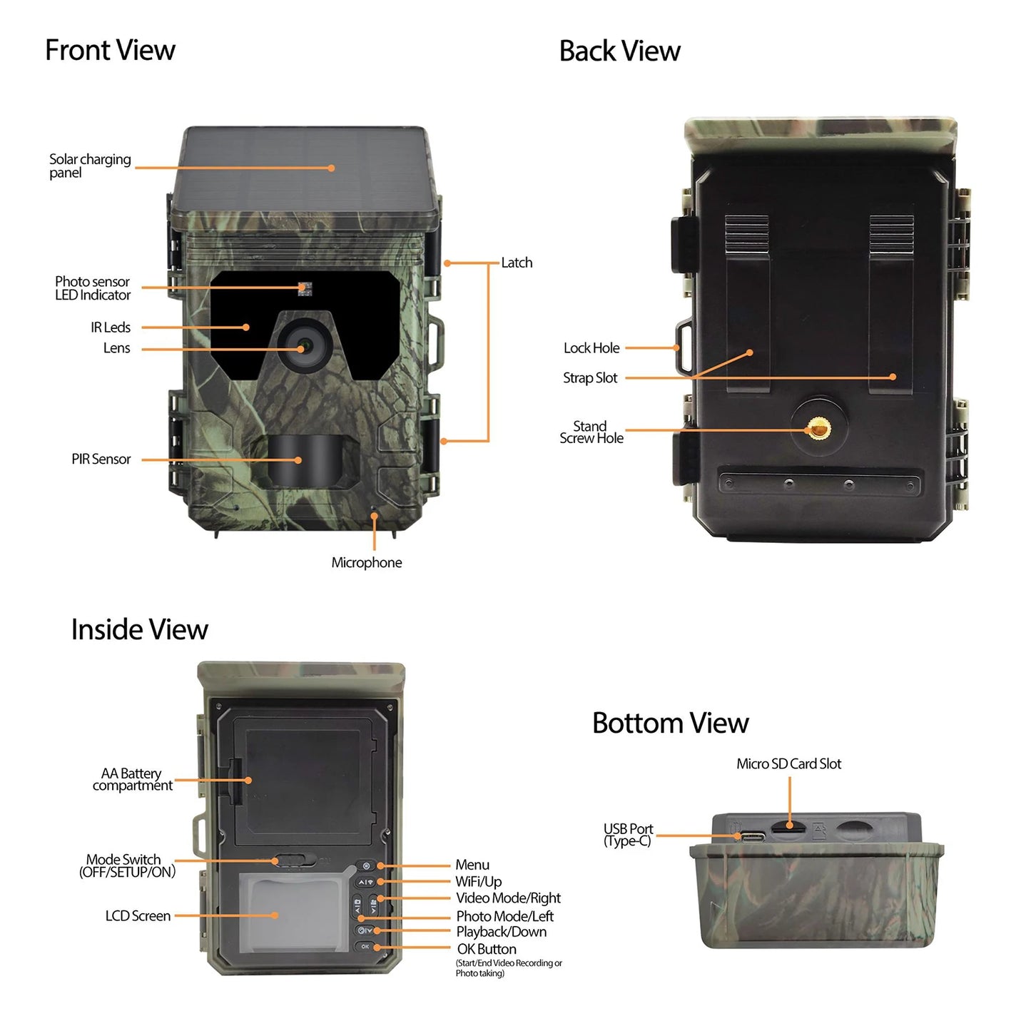 Solar Charging Hunting Trail Camera  /  Outdoor Night Vision Surveillance Camera  /  4K 50MP with 256GB Memory Card