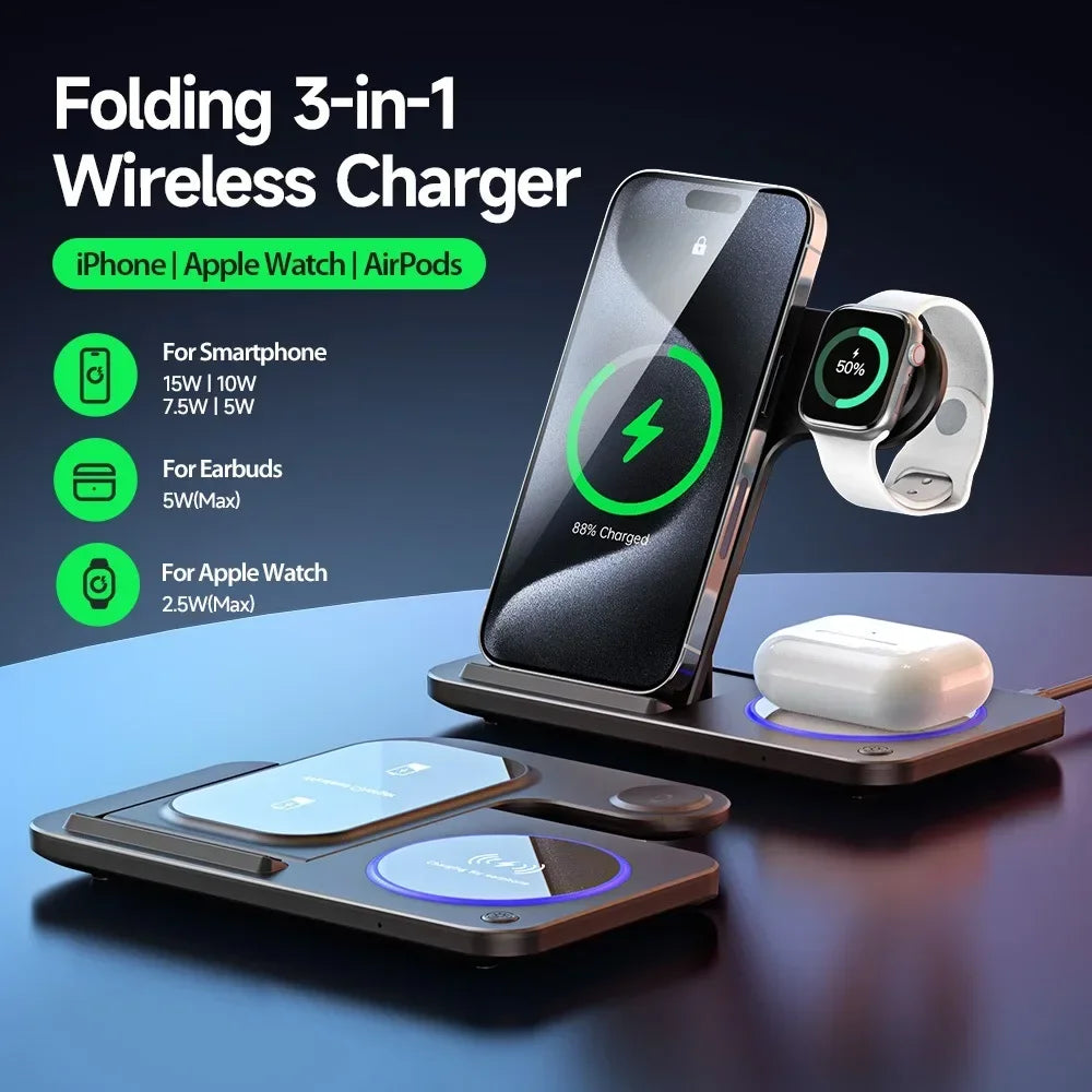30W 3 in 1 Fast Wireless Charger Stand / Foldable /  for IPhone 15 14 13 12 11 / Apple Watch 9 8 7 6 5 / Airpod Pro