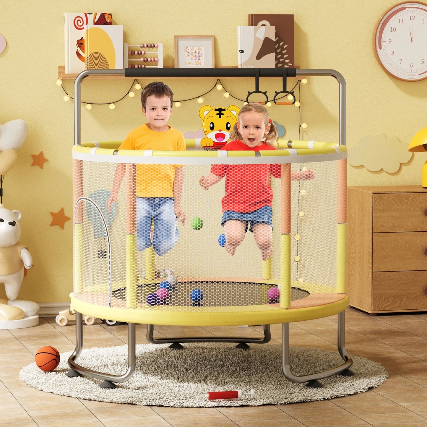 5FT Kids Trampoline, Adjustable Baby Toddler Trampoline with Basketball Hoop, Swing, Sandbag, Ocean Balls