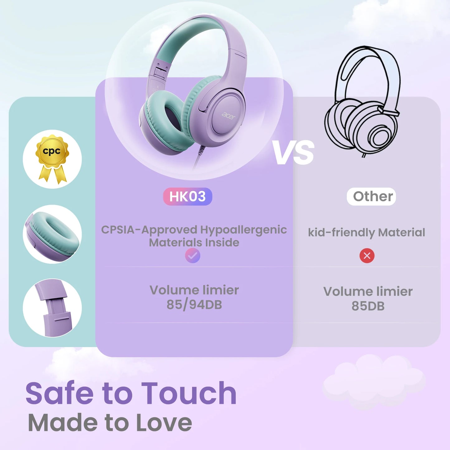 Kids Headphones Wired for School /  85/94dB Volume Limiter /  Foldable Stereo Sound Headset /  for Kids Learning, Tablet,  IPad,  PC